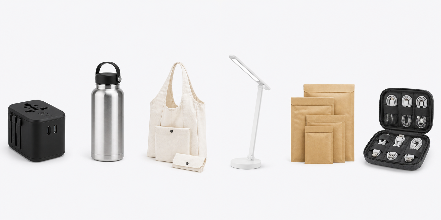 Travel adapter, bottle, canvas tote, desk lamp, recycled mailers, and cable organizer
